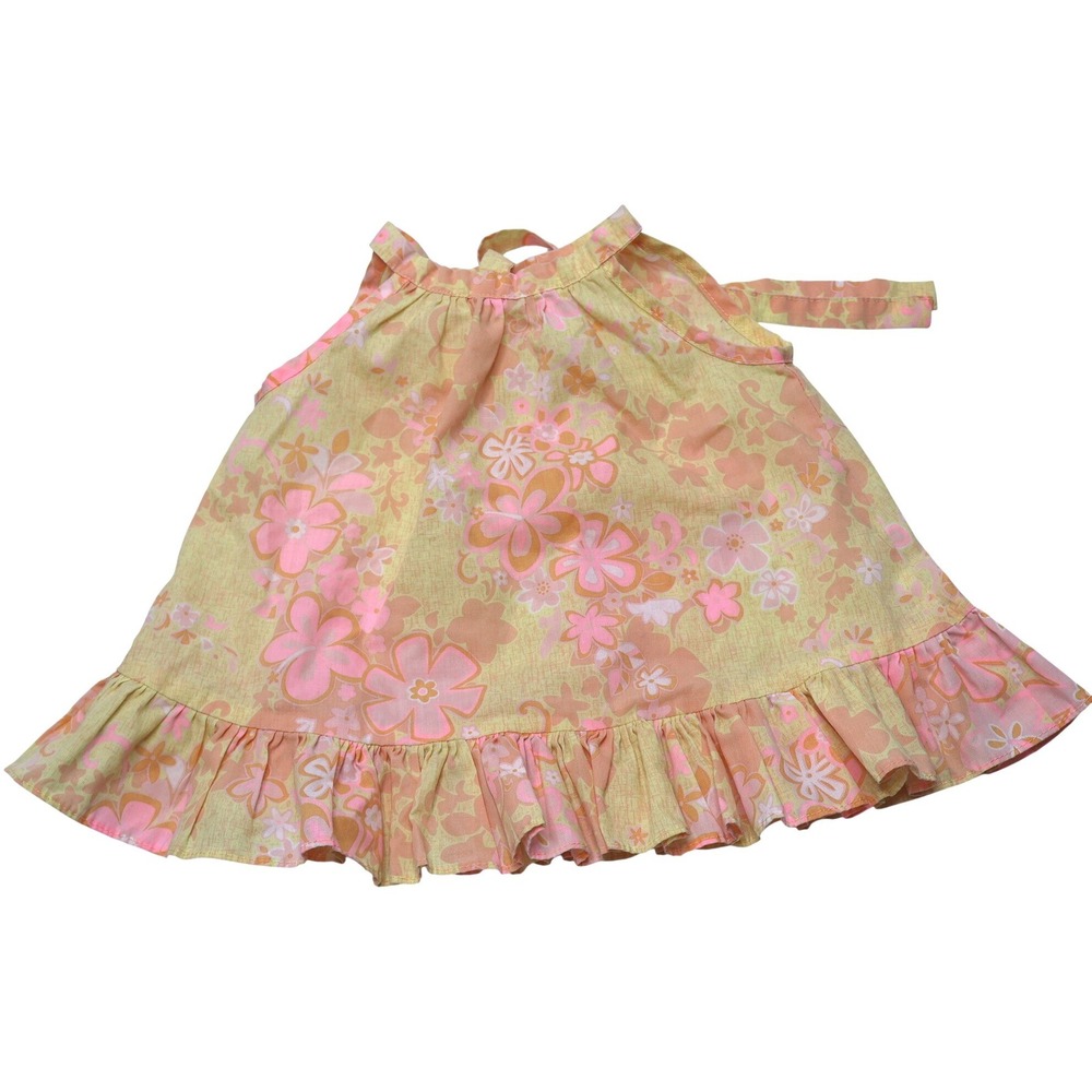 VTG Kole Kole Hawaii Floral Ruffle Halter Dress Yellow Pink Baby Girl 6M USA 70s